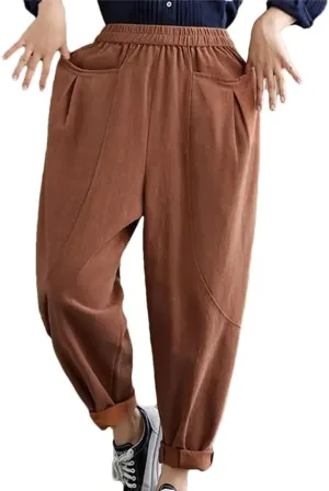 Women Cotton Linen Harem Pants Vintage Solid Color Elastic Waist Pants Loose Casual Pants