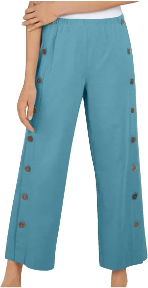 Women Cotton Linen Pants Side Button Casaul Summer Wide Leg Pant Elastic High Waist Straight Trousers 2025 Trendy