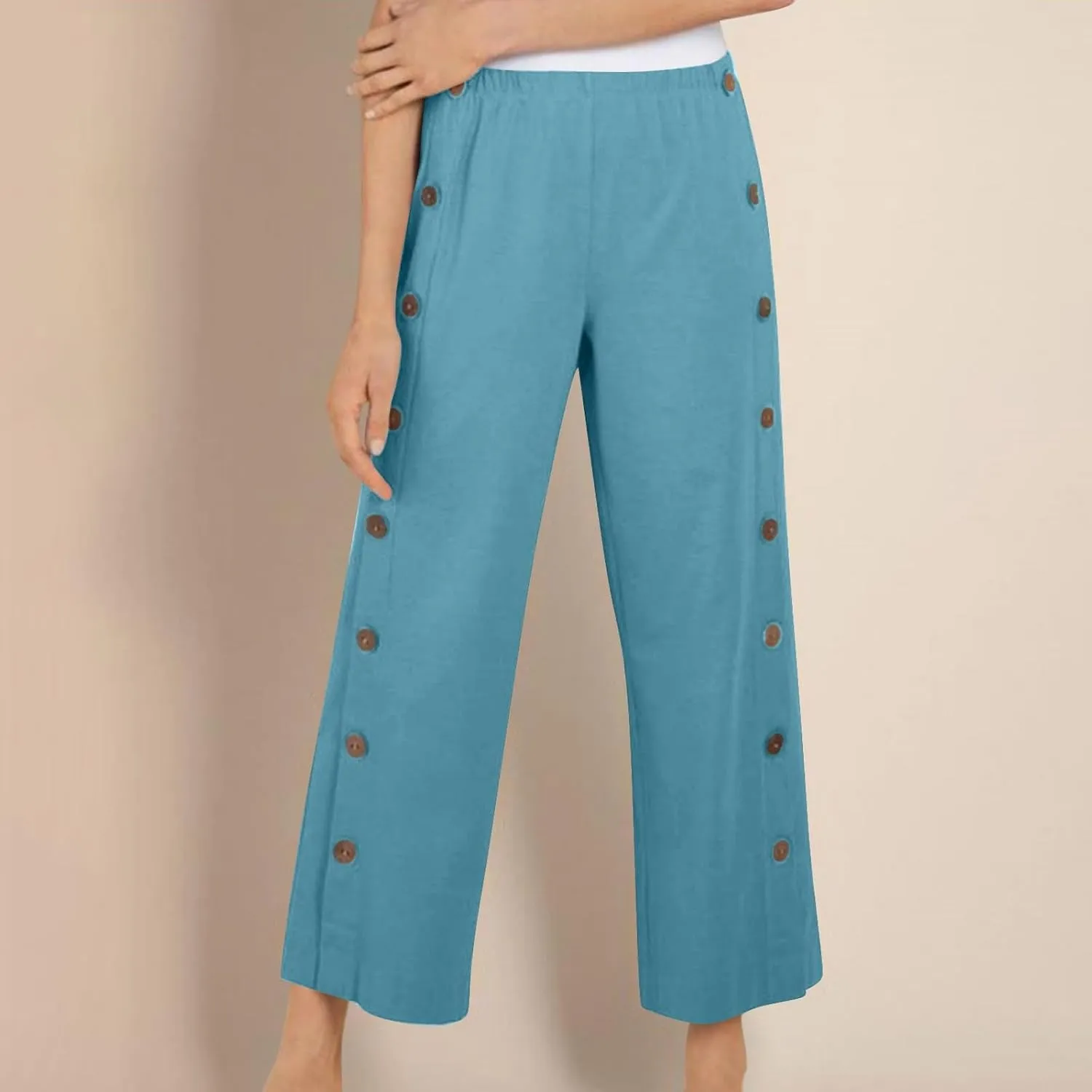 Women Cotton Linen Pants Side Button Casaul Summer Wide Leg Pant Elastic High Waist Straight Trousers 2025 Trendy