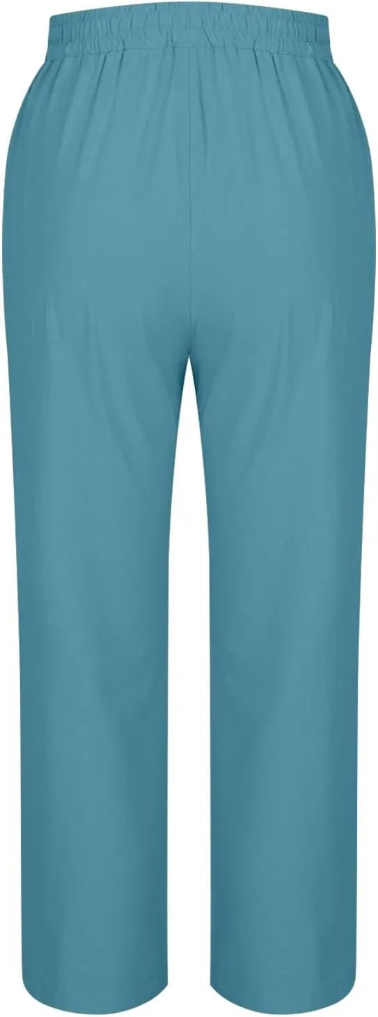 Women Cotton Linen Pants Side Button Casaul Summer Wide Leg Pant Elastic High Waist Straight Trousers 2025 Trendy