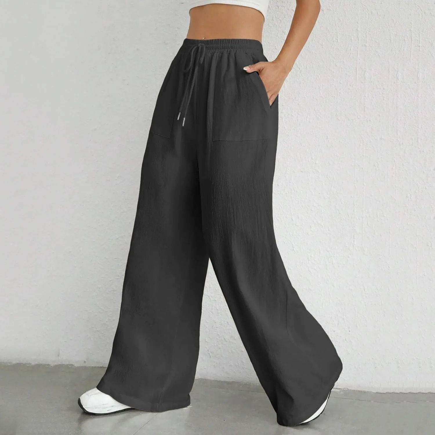 Women Cotton Linen Summer Y2K Fashion Pants Elastic Waist Wide Leg Loose Fit Palazzo Lounge Pants Beach