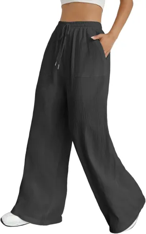 Women Cotton Linen Summer Y2K Fashion Pants Elastic Waist Wide Leg Loose Fit Palazzo Lounge Pants Beach