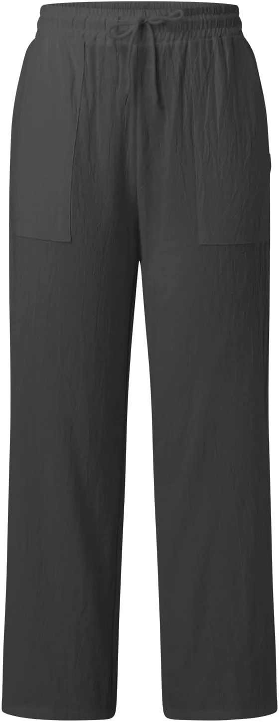 Women Cotton Linen Summer Y2K Fashion Pants Elastic Waist Wide Leg Loose Fit Palazzo Lounge Pants Beach