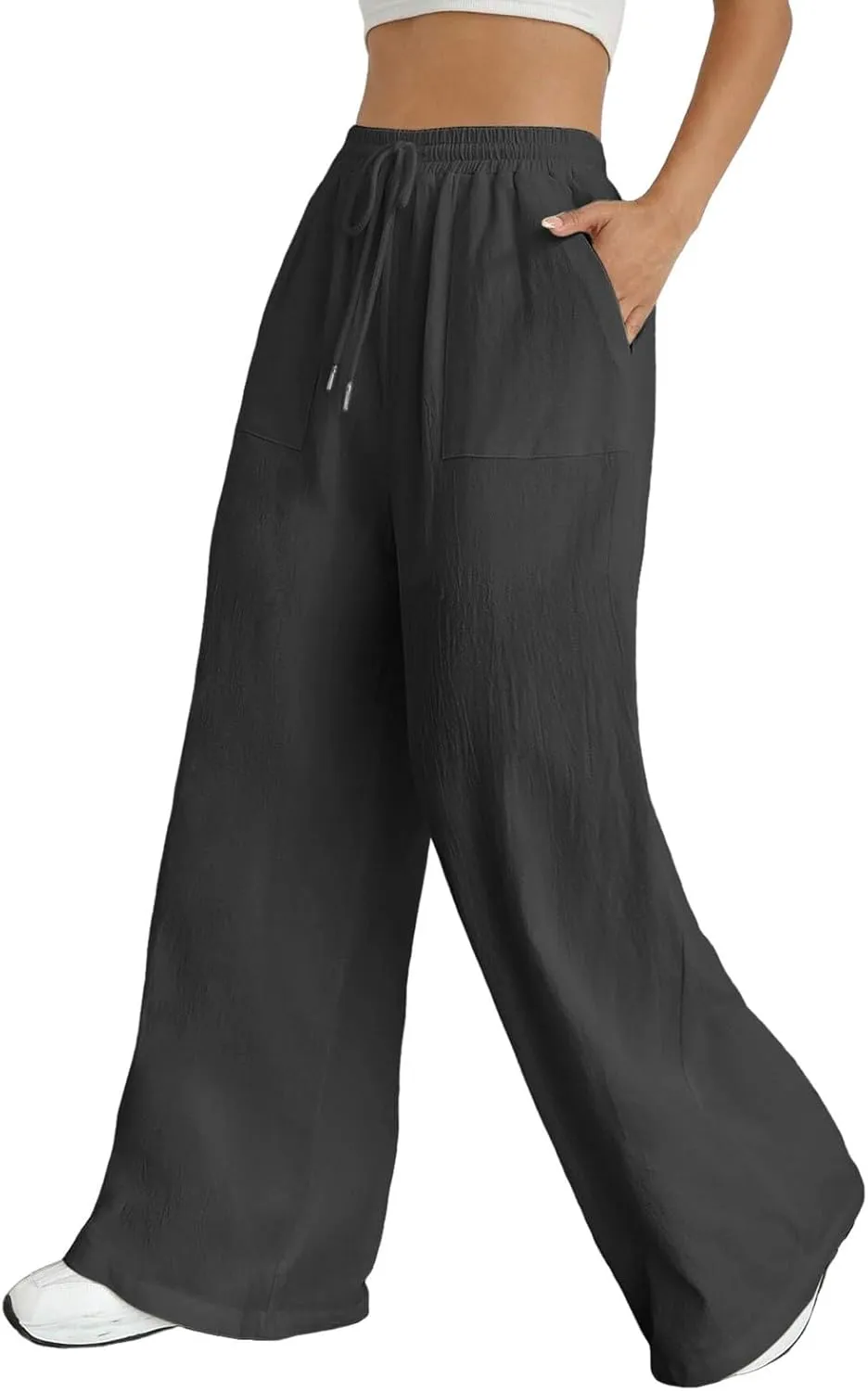 Women Cotton Linen Summer Y2K Fashion Pants Elastic Waist Wide Leg Loose Fit Palazzo Lounge Pants Beach