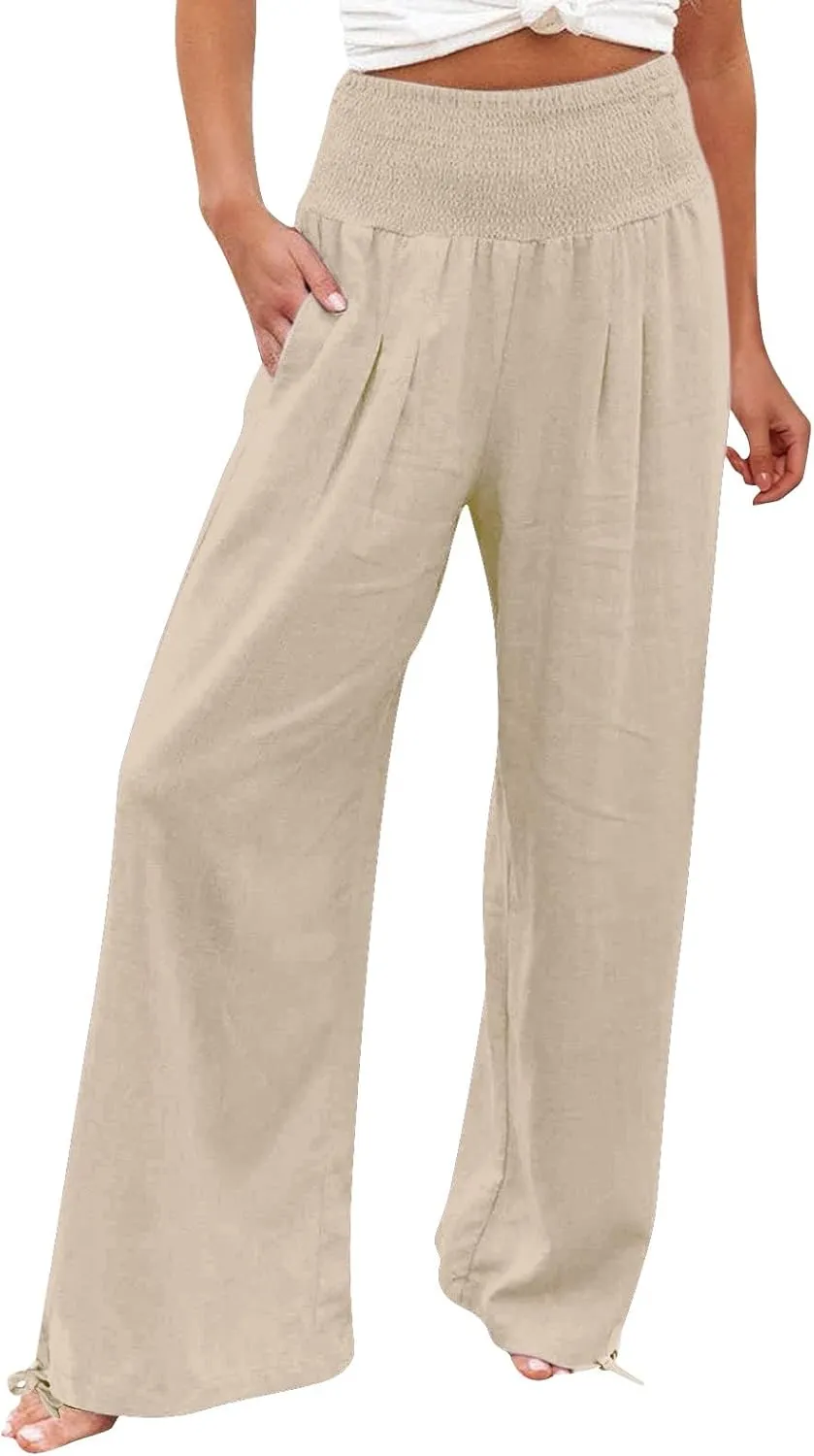 Women Cotton Linen Summer Y2K Fashion Pants Low Waist Bootcut Slim-Fit Pant Trousers Beach