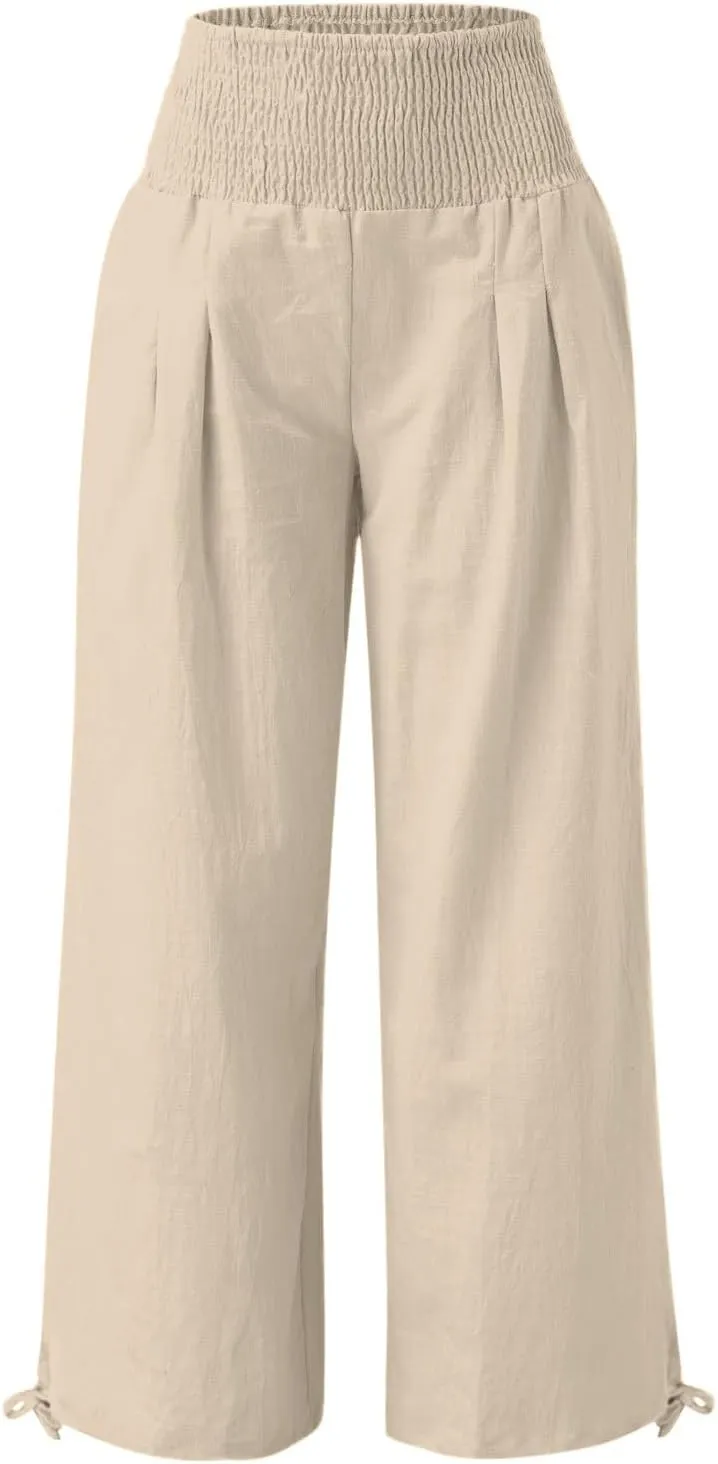 Women Cotton Linen Summer Y2K Fashion Pants Low Waist Bootcut Slim-Fit Pant Trousers Beach