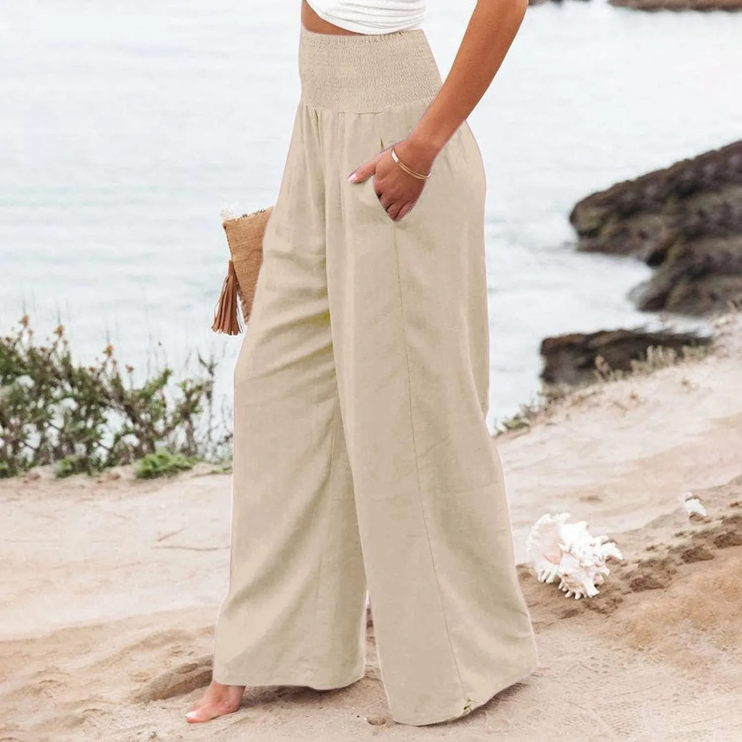 Women Cotton Linen Summer Y2K Fashion Pants Low Waist Bootcut Slim-Fit Pant Trousers Beach