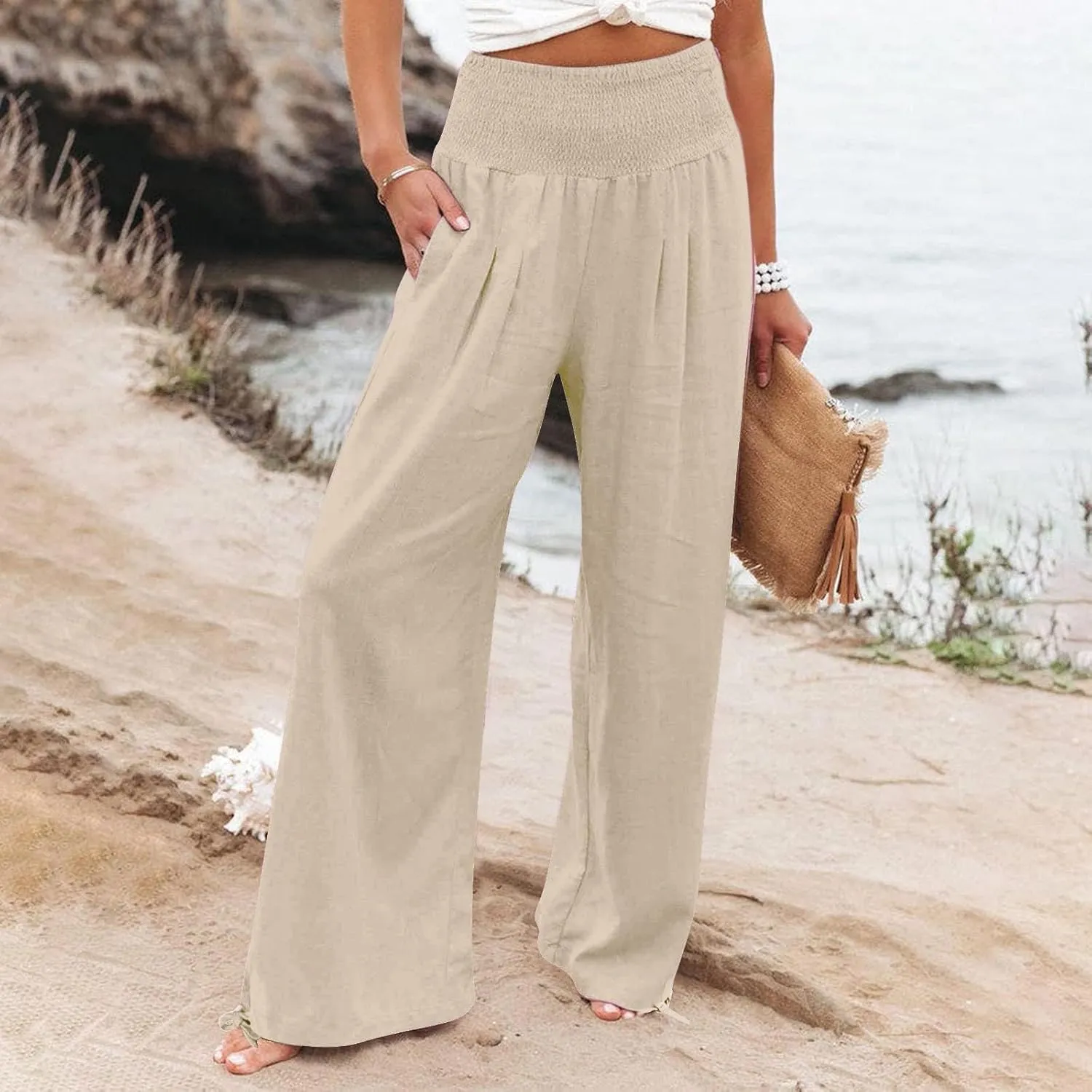 Women Cotton Linen Summer Y2K Fashion Pants Low Waist Bootcut Slim-Fit Pant Trousers Beach