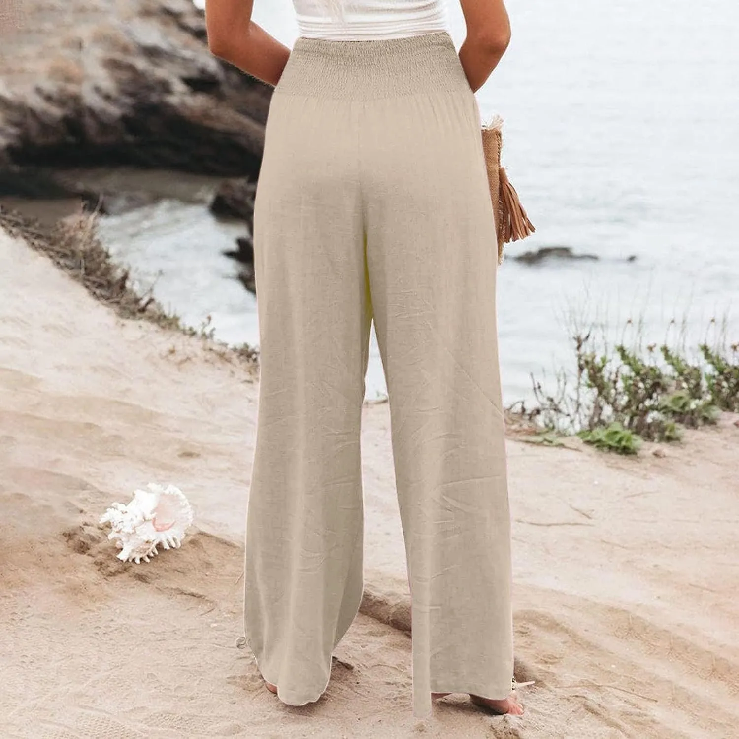Women Cotton Linen Summer Y2K Fashion Pants Low Waist Bootcut Slim-Fit Pant Trousers Beach