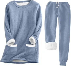 Women Fleece Thicken Loungewear Suit Solid Color Long Sleeve Pullover Drawstring Pants Winter Warm Velvet Pajamas Set