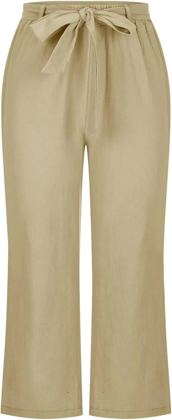 Women Linen Blend Summer Loose Flowy Palazzo Pants High Waist Bootcut Slim-Fit Palazzo Lounge Pants Travel
