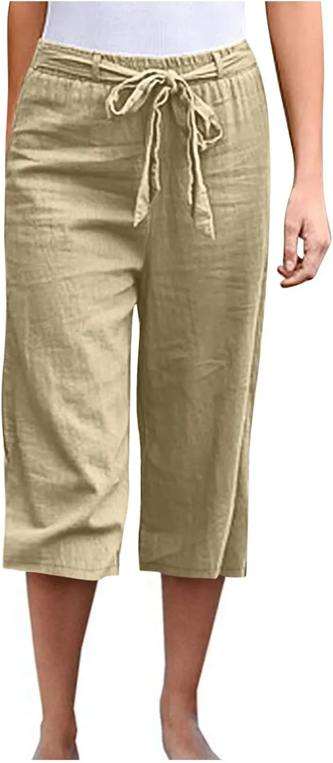 Women Linen Blend Summer Loose Flowy Palazzo Pants High Waist Bootcut Slim-Fit Palazzo Lounge Pants Travel