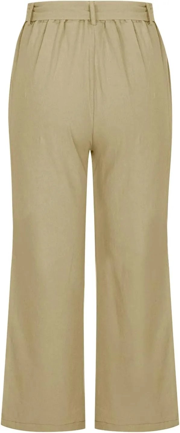 Women Linen Blend Summer Loose Flowy Palazzo Pants High Waist Bootcut Slim-Fit Palazzo Lounge Pants Travel
