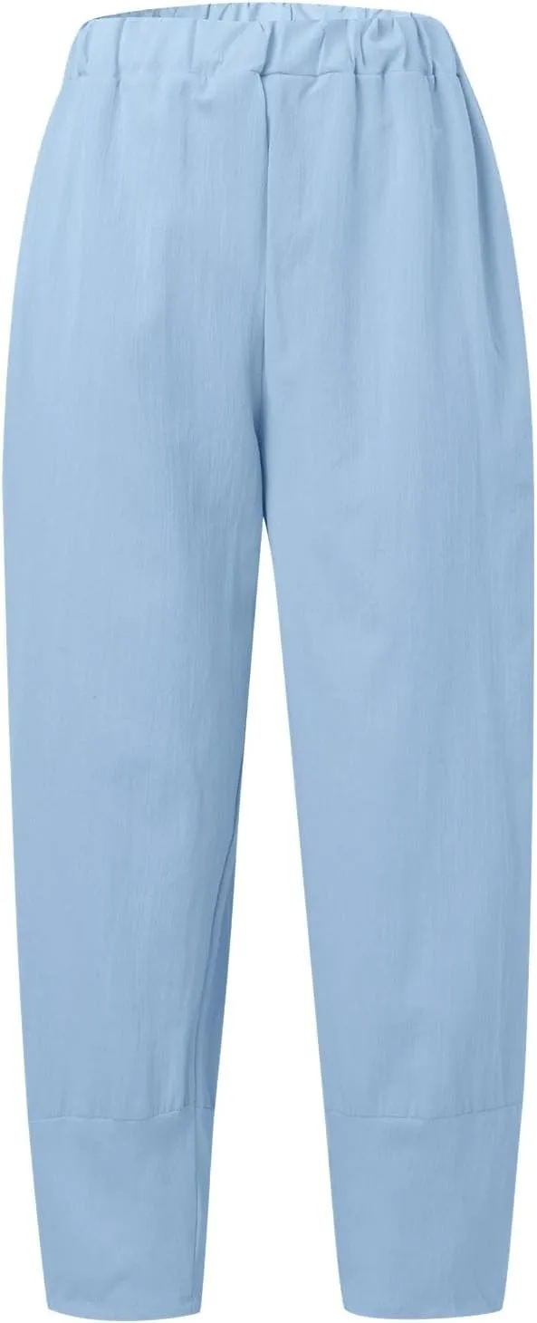 Women Linen Blend Summer Print Pant Trousers Low Waist Straight Loose Fit Pant Trousers Travel