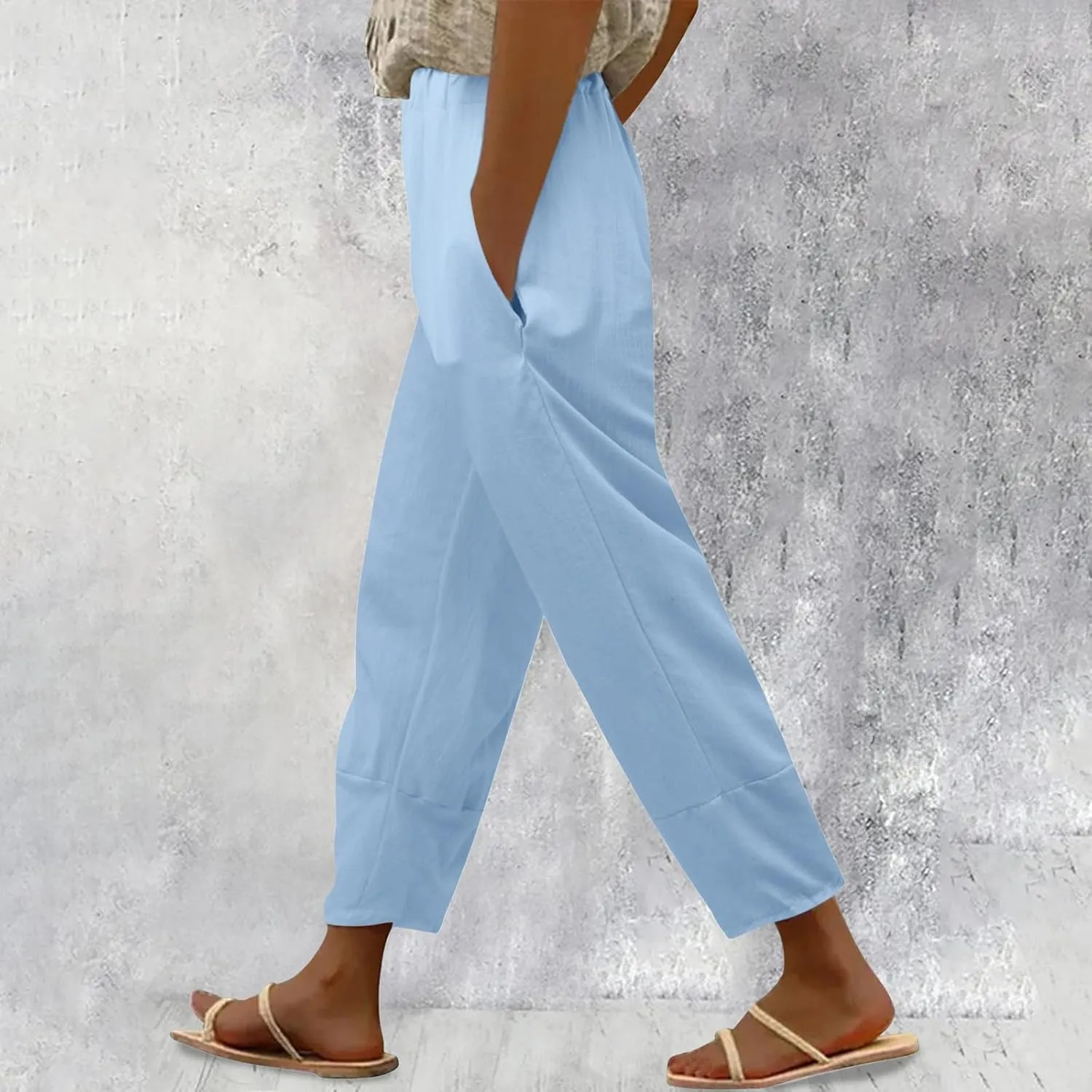 Women Linen Blend Summer Print Pant Trousers Low Waist Straight Loose Fit Pant Trousers Travel