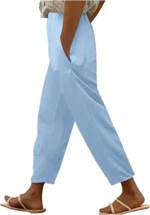 Women Linen Blend Summer Print Pant Trousers Low Waist Straight Loose Fit Pant Trousers Travel