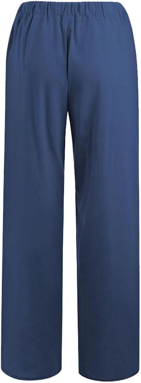 Women Linen Pants Wide Leg Drawstring High Waisted Pants Summer Flowy Lounge Beach Trousers with Pockets