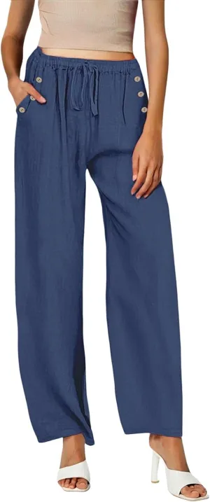 Women Linen Pants Wide Leg Drawstring High Waisted Pants Summer Flowy Lounge Beach Trousers with Pockets