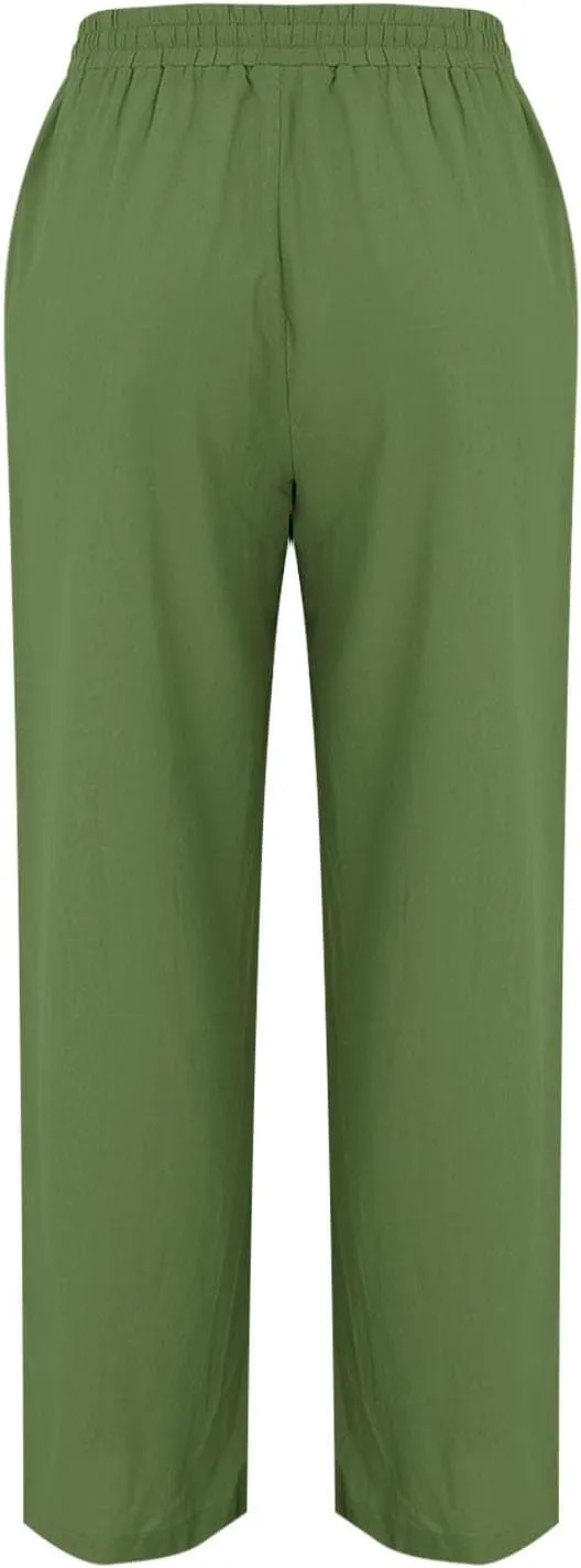 Women Linen Pants Wide Leg Drawstring High Waisted Pants Summer Flowy Lounge Beach Trousers with Pockets