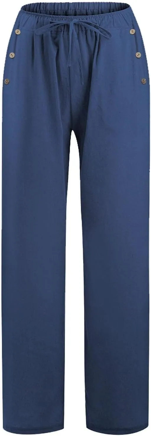 Women Linen Pants Wide Leg Drawstring High Waisted Pants Summer Flowy Lounge Beach Trousers with Pockets