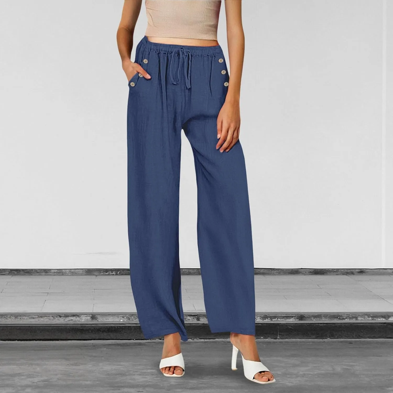 Women Linen Pants Wide Leg Drawstring High Waisted Pants Summer Flowy Lounge Beach Trousers with Pockets