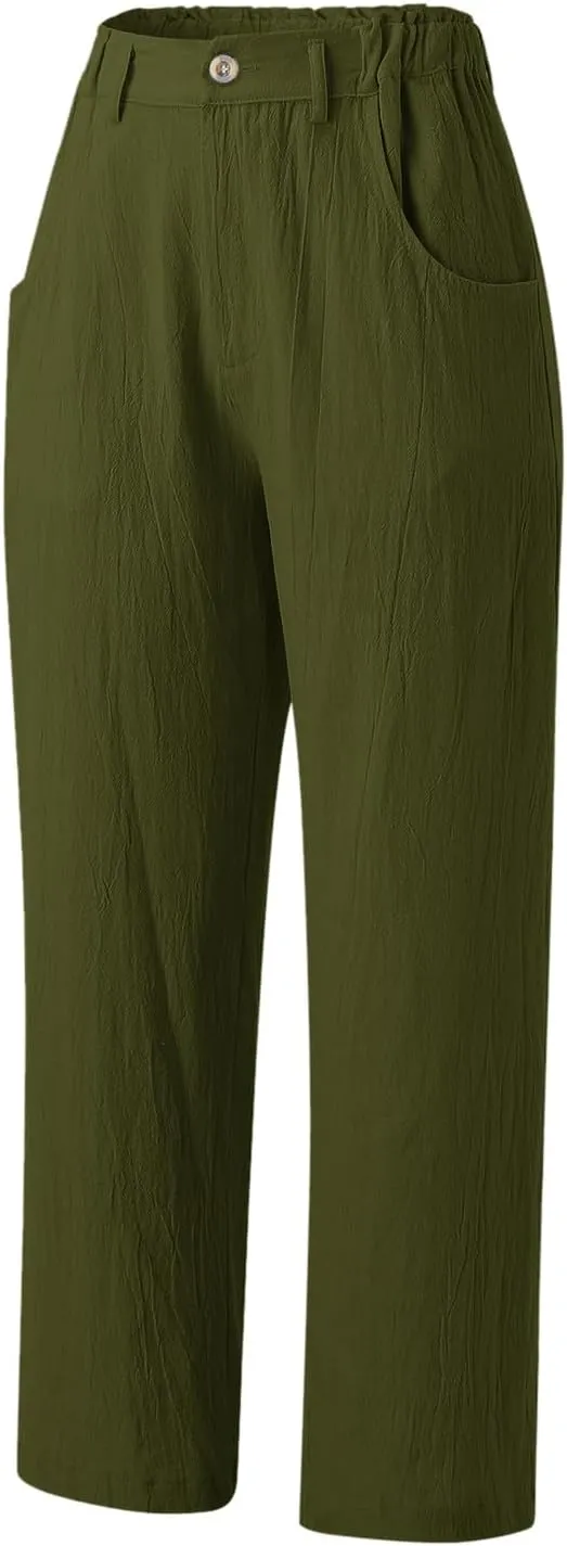 Women Linen Summer Drawstring Palazzo Lounge Pants High Waist Stretchy Slim Fit Trousers Work Business