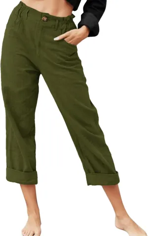 Women Linen Summer Drawstring Palazzo Lounge Pants High Waist Stretchy Slim Fit Trousers Work Business