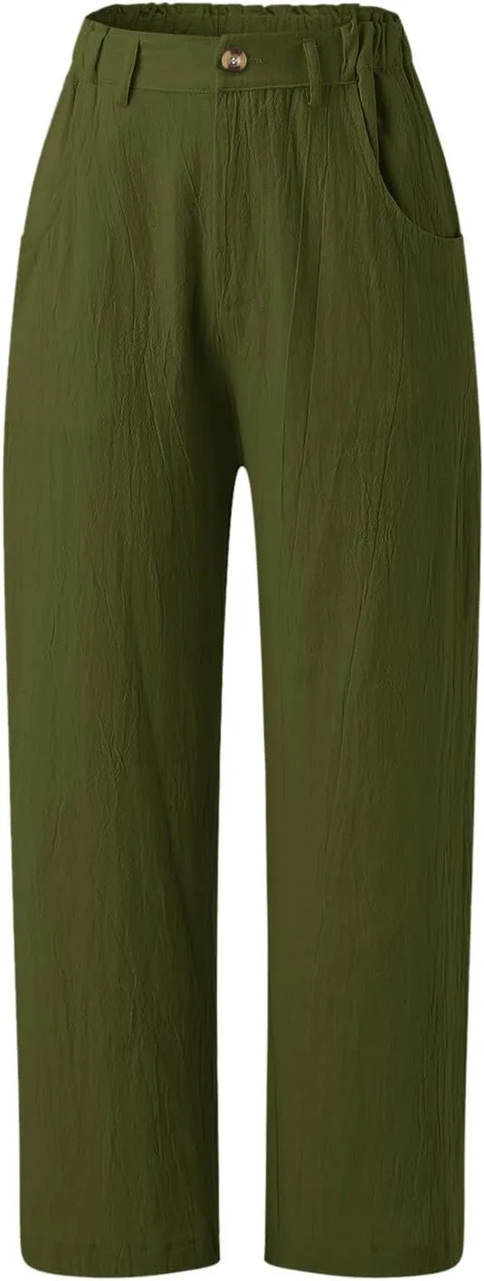 Women Linen Summer Drawstring Palazzo Lounge Pants High Waist Stretchy Slim Fit Trousers Work Business