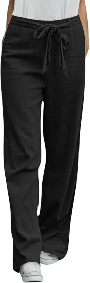 Women Linen Summer Drawstring Pant Trousers Low Waist Wide Leg Slim Fit Trousers Office