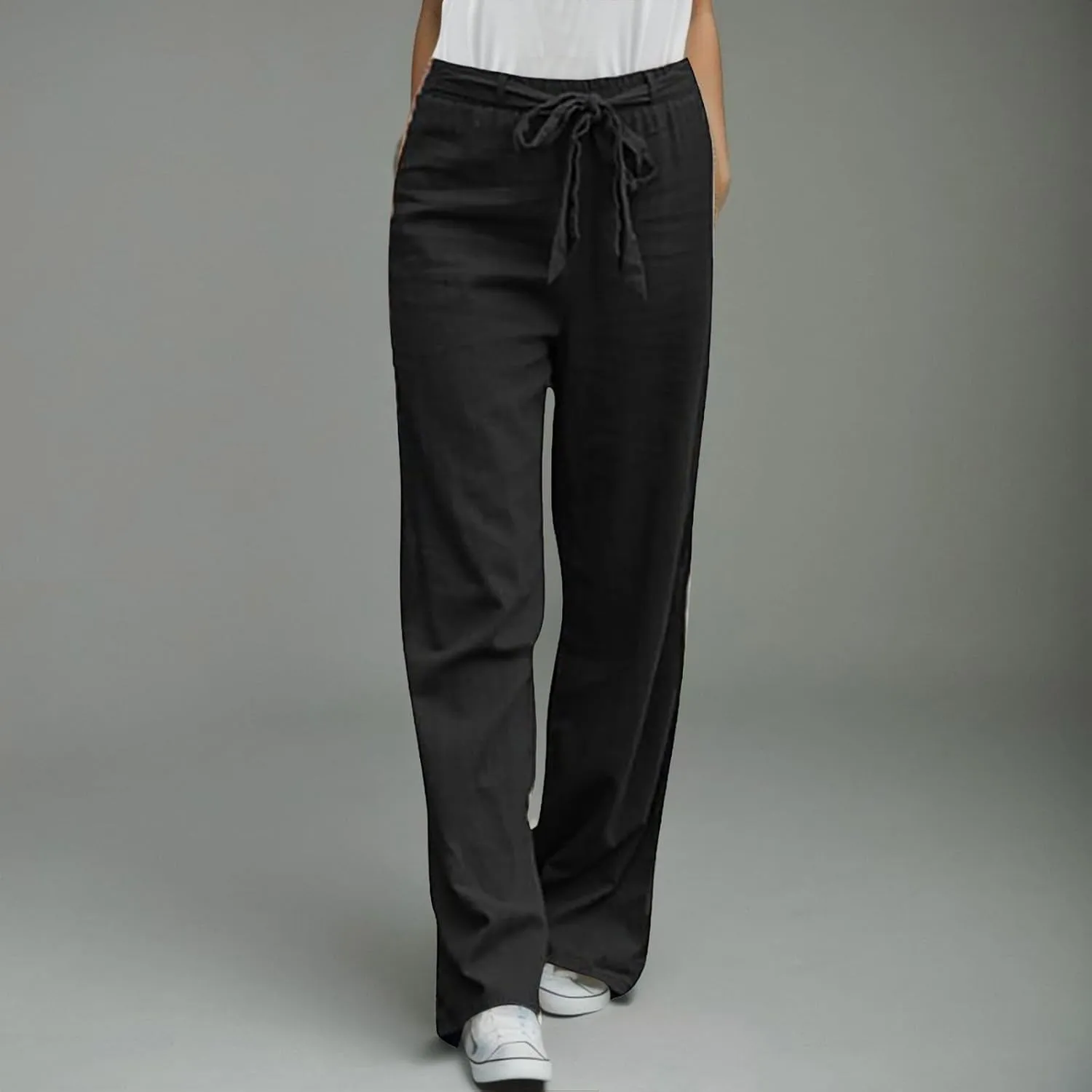 Women Linen Summer Drawstring Pant Trousers Low Waist Wide Leg Slim Fit Trousers Office