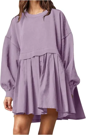 Women Oversized Sweatshirts Dress Long Sleeve Crewneck Patchwork Pleated Pullover Top Mini Dress Fall Outfits 2024