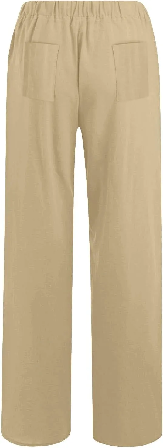Women Pants High Waist Casual Drawstring Wide Leg Long Pant Solid Color Loose Business Office Trousers with Pockets