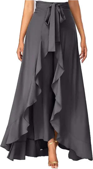 Women Ruffle Pants Split High Waist Maxi Long Crepe Palazzo Overlay Pant Skirt Night Club Cocktail Party Gift