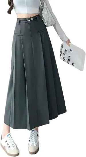 Women Solid Pleated Long Skirts with Belted Korean High Waist A-Line Skirts