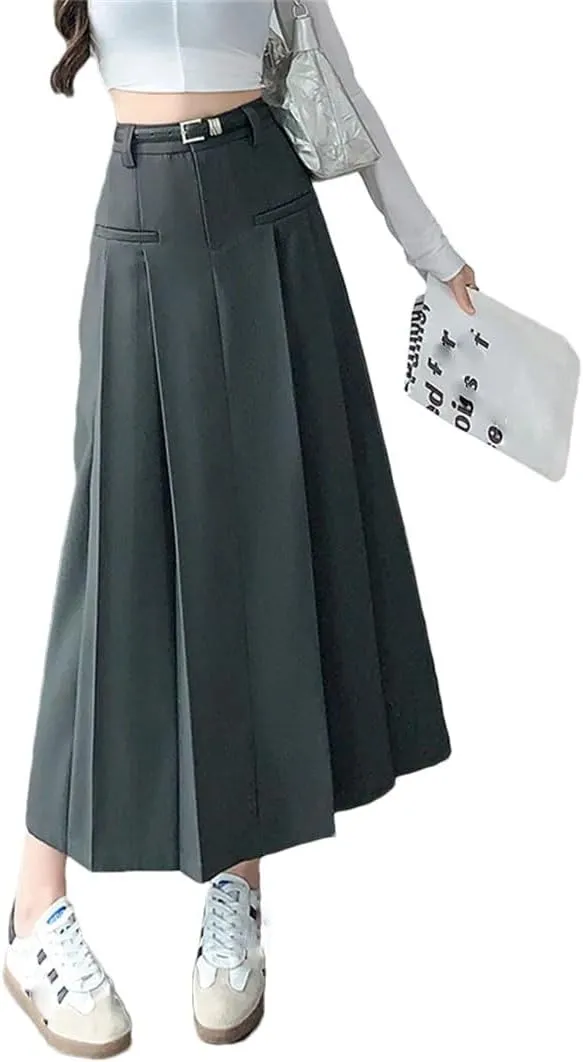 Women Solid Pleated Long Skirts with Belted Korean High Waist A-Line Skirts