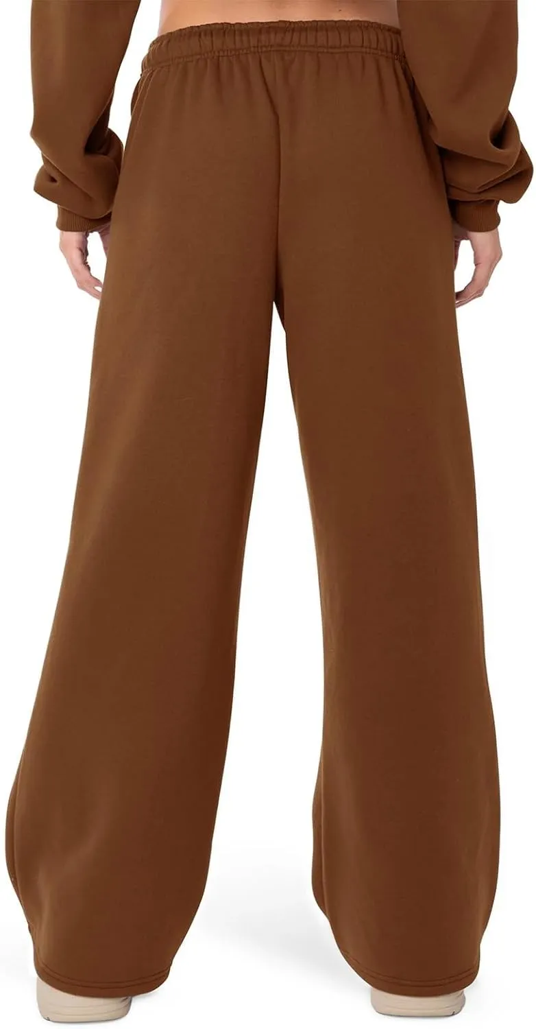 Women Straight Wide Leg Sweatpants Casual Baggy Lined Pants Drawstring High Waist Cargo Jogger Trousers