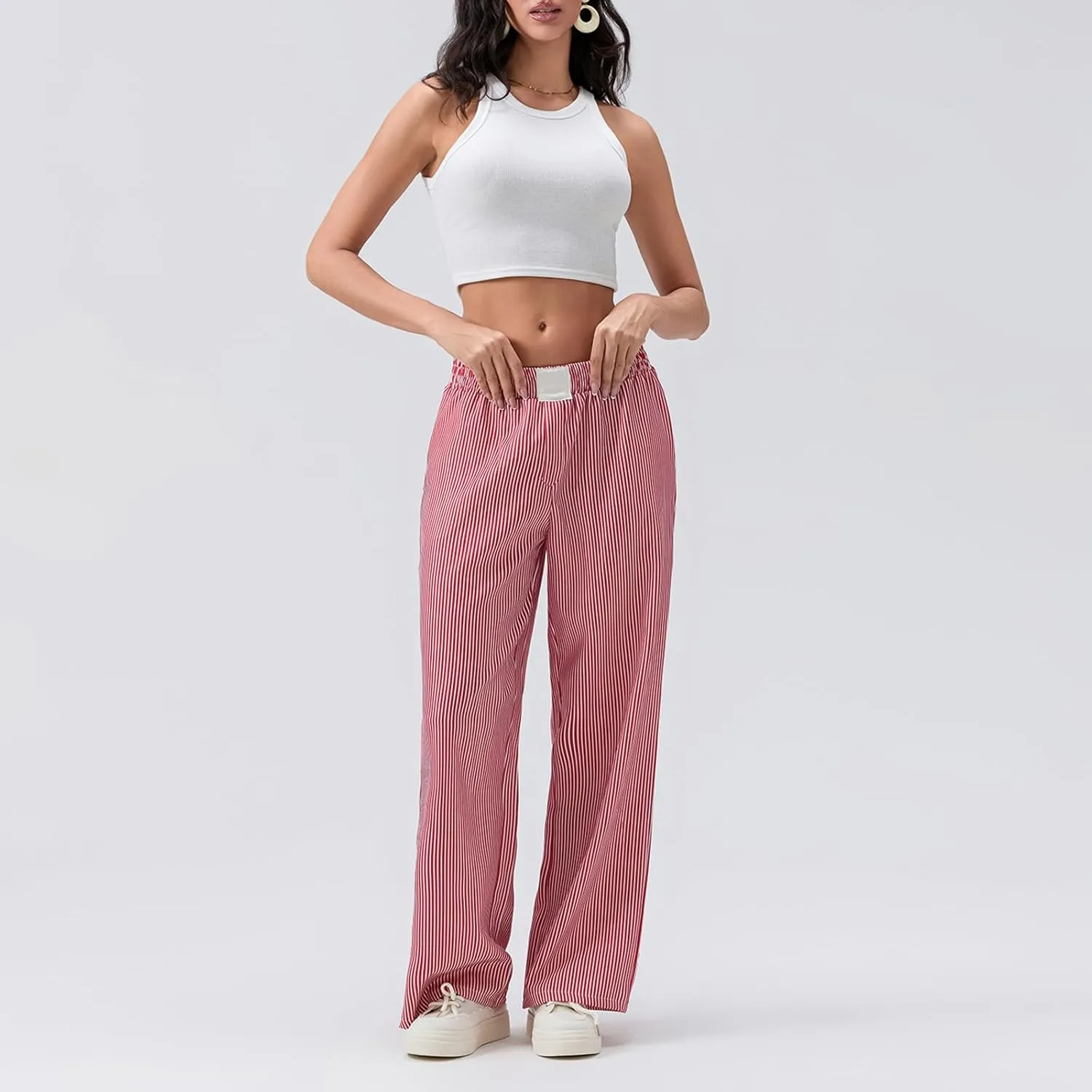 Women Stripe Print Pants Y2k Elastic High Waist Straight Leg Slim Fit Trousers Vintage Pj Pants Coquette Streetwear