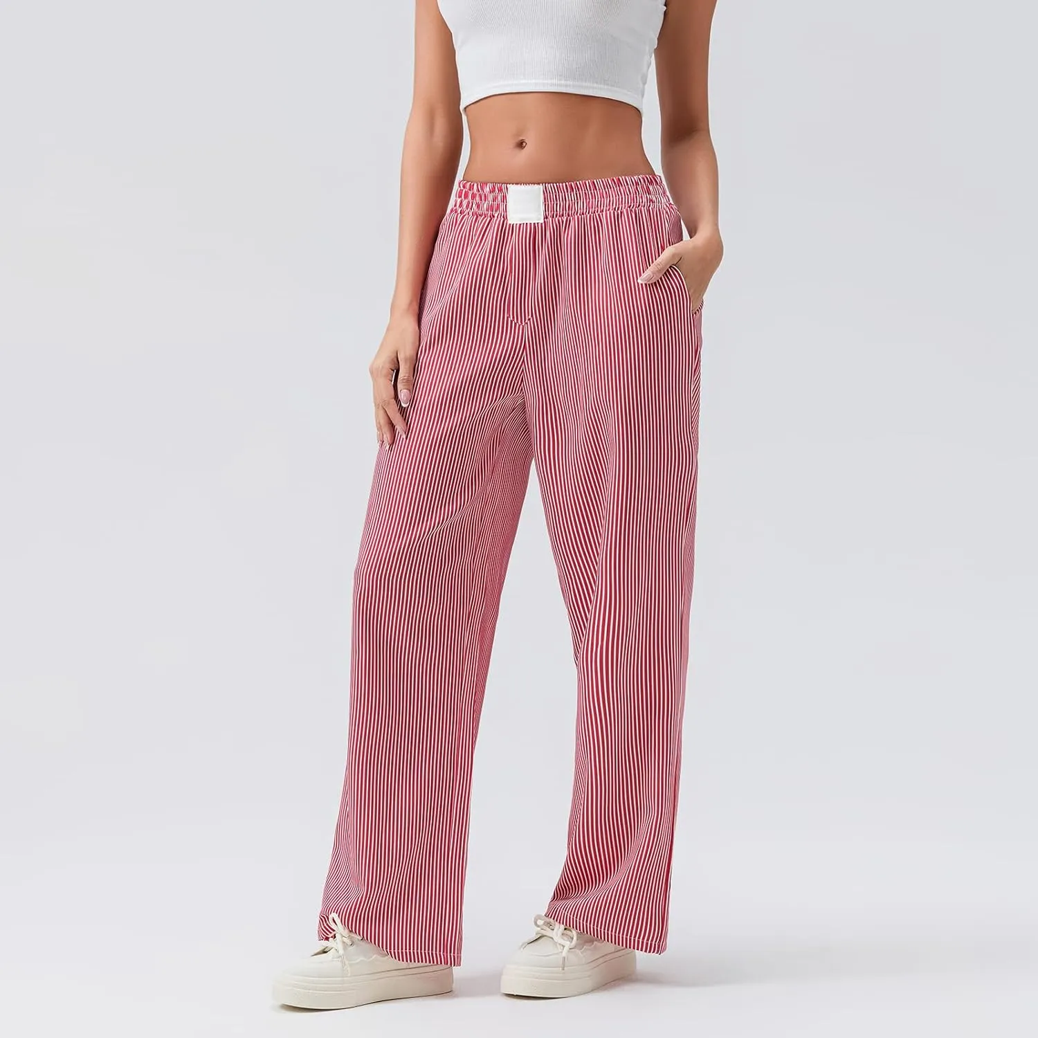 Women Stripe Print Pants Y2k Elastic High Waist Straight Leg Slim Fit Trousers Vintage Pj Pants Coquette Streetwear