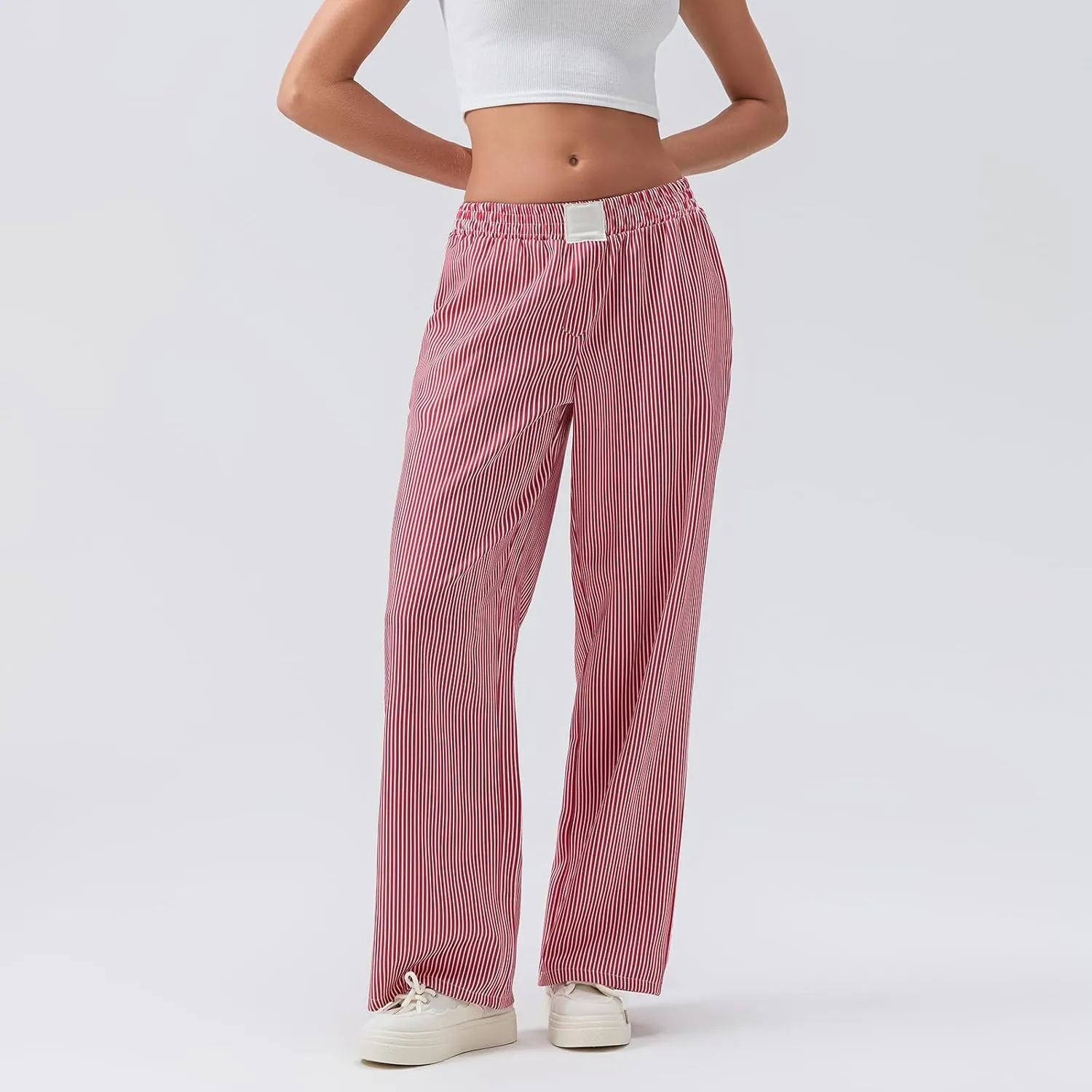 Women Stripe Print Pants Y2k Elastic High Waist Straight Leg Slim Fit Trousers Vintage Pj Pants Coquette Streetwear