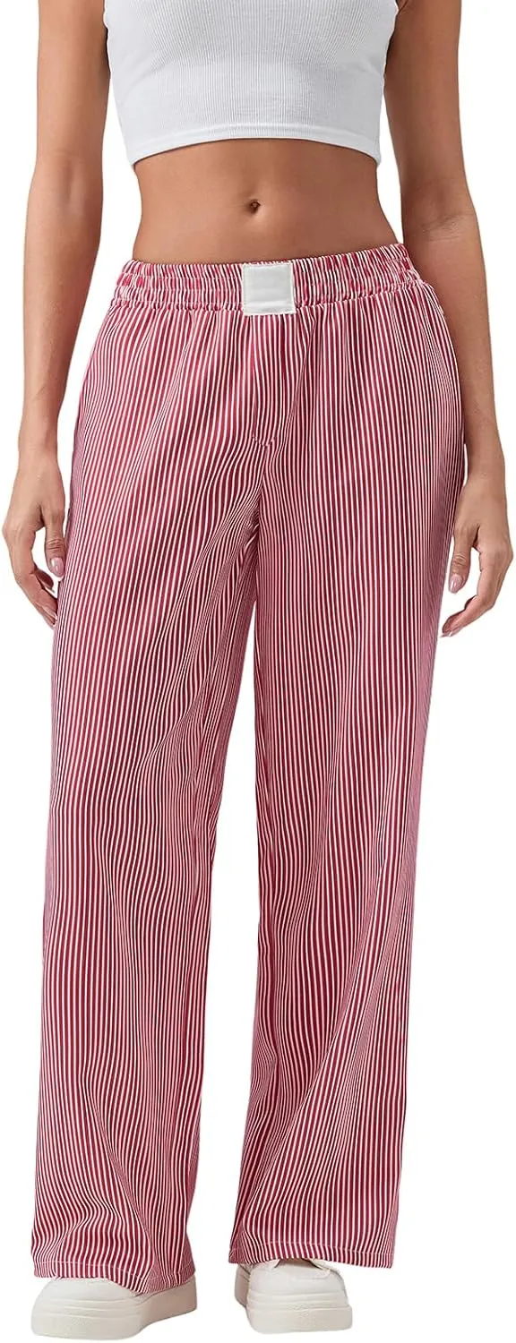 Women Stripe Print Pants Y2k Elastic High Waist Straight Leg Slim Fit Trousers Vintage Pj Pants Coquette Streetwear