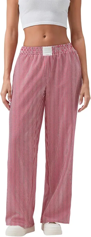Women Stripe Print Pants Y2k Elastic High Waist Straight Leg Slim Fit Trousers Vintage Pj Pants Coquette Streetwear