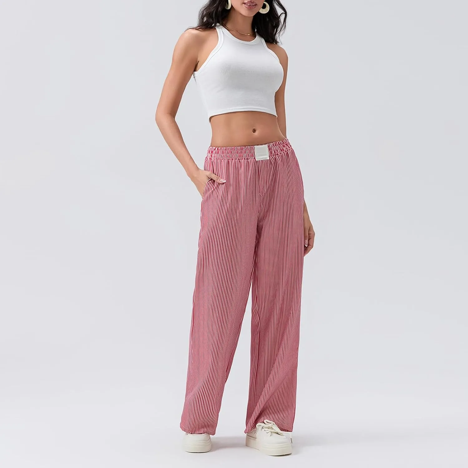 Women Stripe Print Pants Y2k Elastic High Waist Straight Leg Slim Fit Trousers Vintage Pj Pants Coquette Streetwear