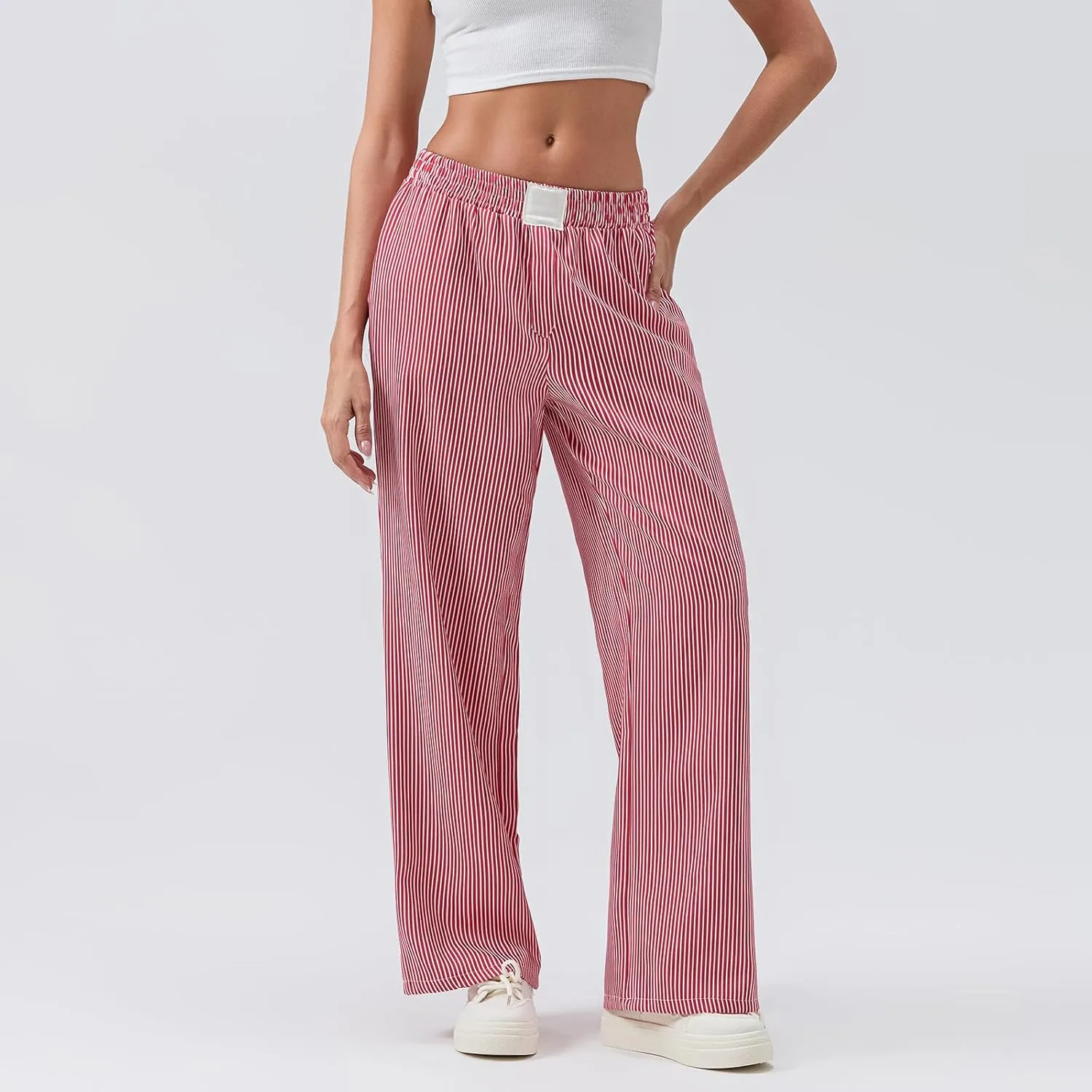 Women Stripe Print Pants Y2k Elastic High Waist Straight Leg Slim Fit Trousers Vintage Pj Pants Coquette Streetwear