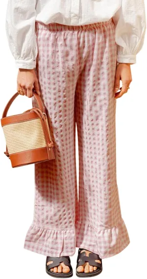 Women Y2K Plaid Pants Gingham Elastic Waist Ruffle Hem Wide Leg Lounge Trousers Casual Loose Fit Aesthetic Pants