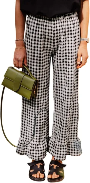 Women Y2K Plaid Pants Gingham Elastic Waist Ruffle Hem Wide Leg Lounge Trousers Casual Loose Fit Aesthetic Pants
