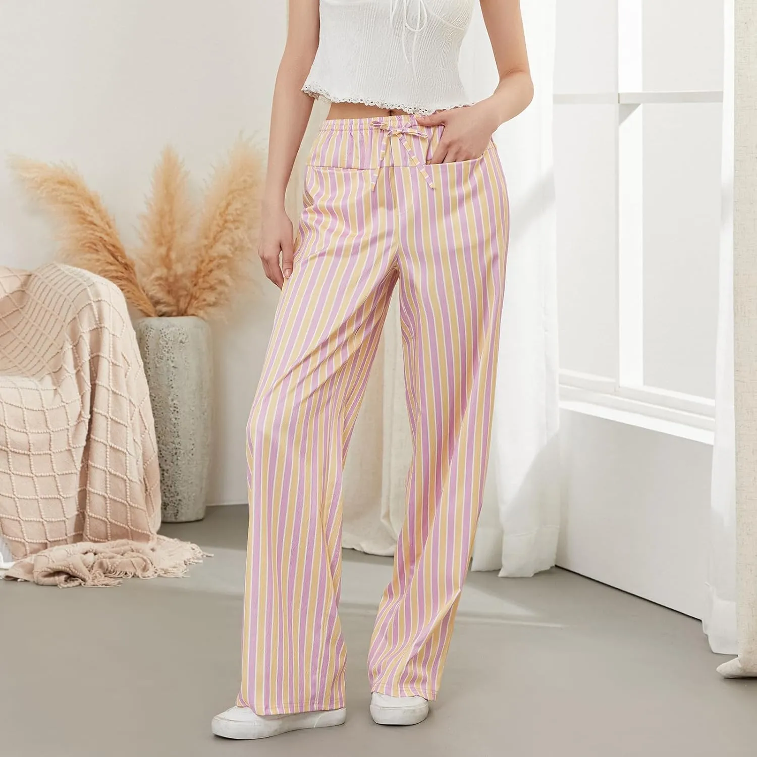 Women Y2k Striped Long Pants Wide Leg Stripes Print Lounge Pants High Waist Drawstring Striped Trousers