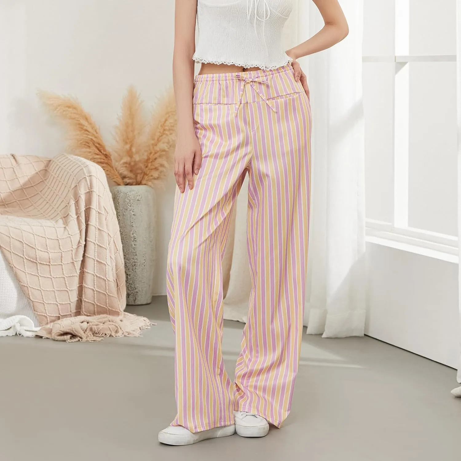 Women Y2k Striped Long Pants Wide Leg Stripes Print Lounge Pants High Waist Drawstring Striped Trousers