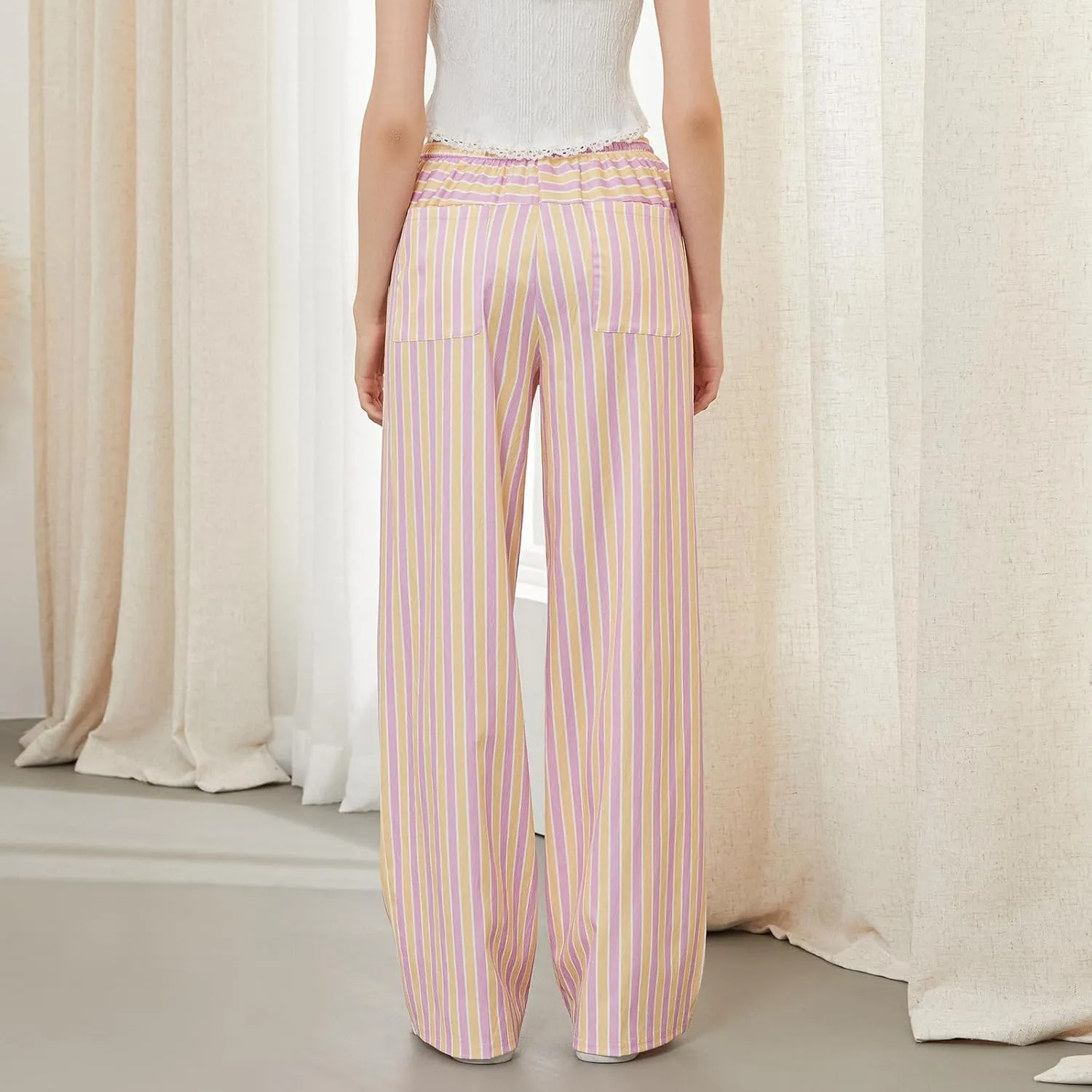 Women Y2k Striped Long Pants Wide Leg Stripes Print Lounge Pants High Waist Drawstring Striped Trousers