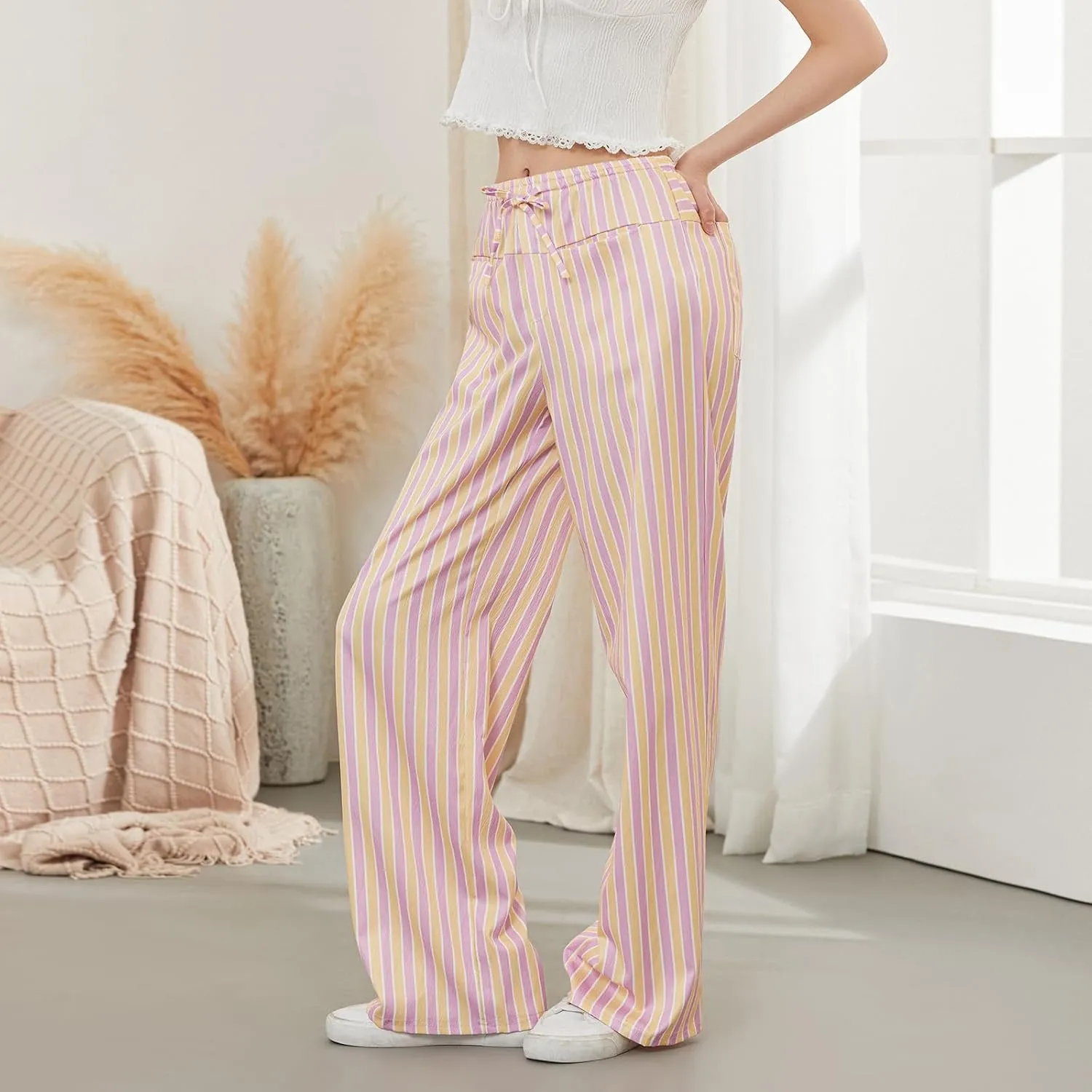Women Y2k Striped Long Pants Wide Leg Stripes Print Lounge Pants High Waist Drawstring Striped Trousers