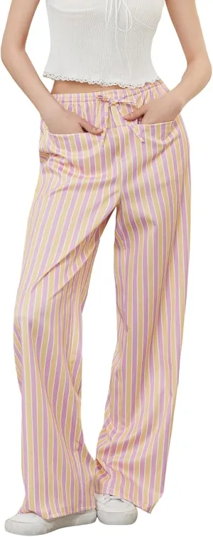 Women Y2k Striped Long Pants Wide Leg Stripes Print Lounge Pants High Waist Drawstring Striped Trousers